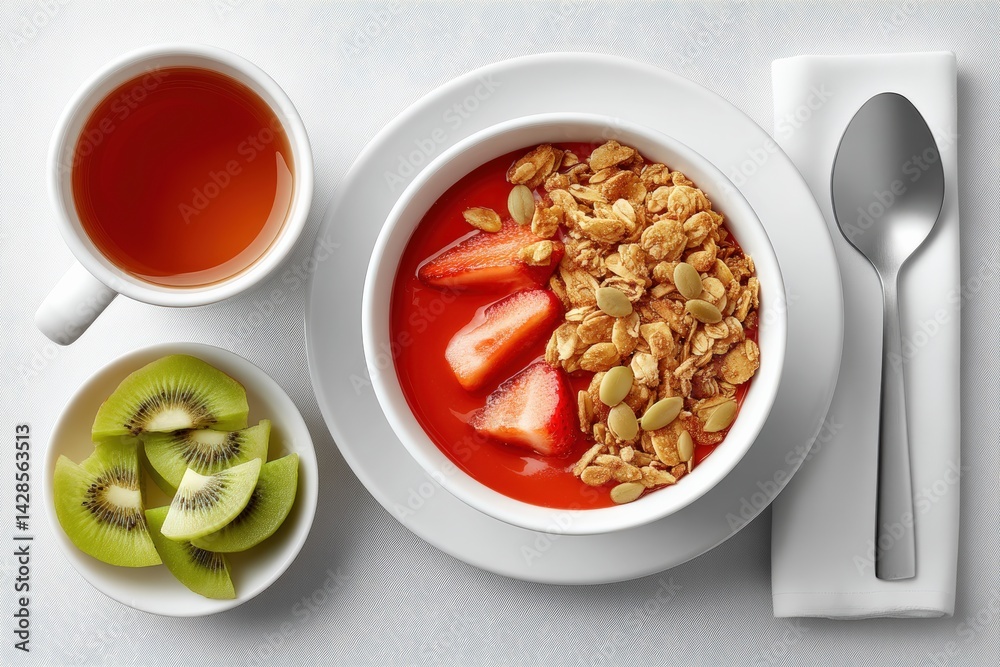 Healthy Breakfast with Granola, Fruits, and Herbal Tea on Table