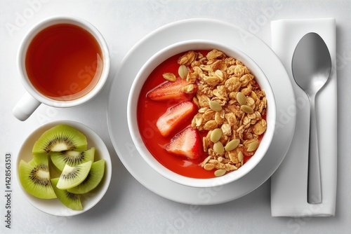 Healthy Breakfast with Granola, Fruits, and Herbal Tea on Table