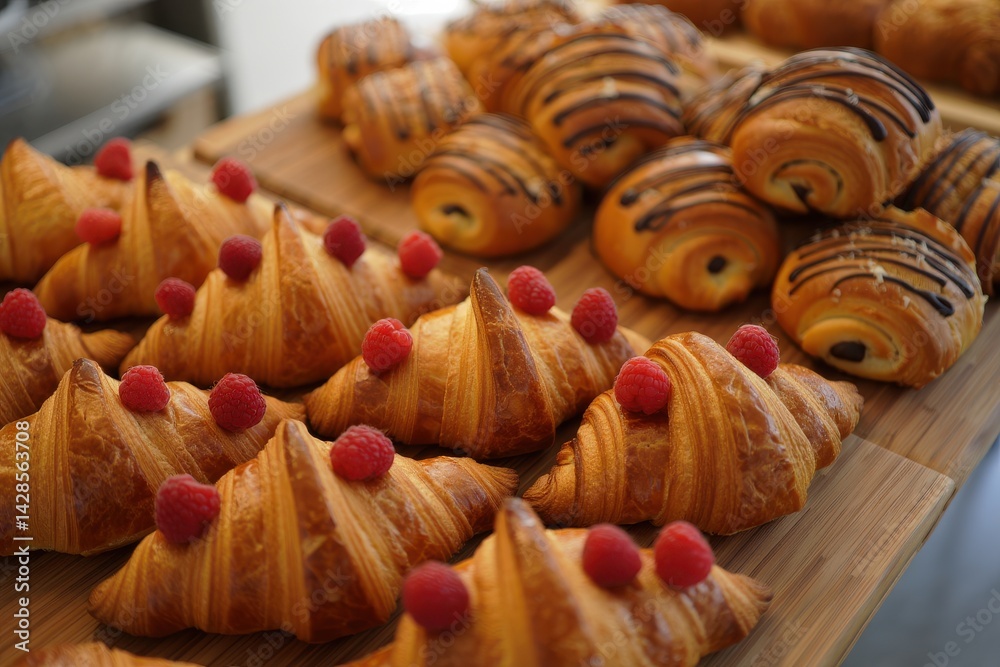 Freshly baked croissants with raspberries and sweet bread rolls with chocolate. Assortment of baked goods on the counter