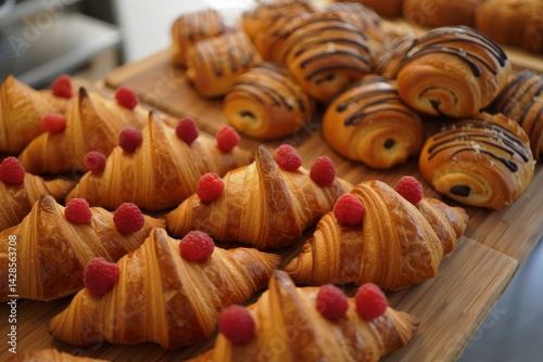 Obraz na płótnie Freshly baked croissants with raspberries and sweet bread rolls with chocolate. Assortment of baked goods on the counter w salonie