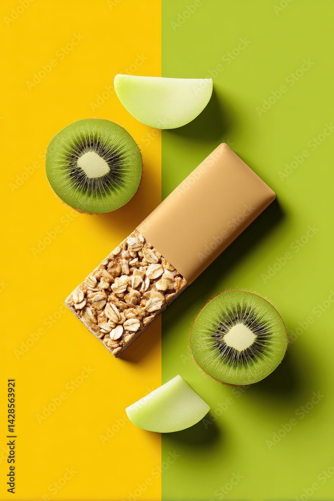 Healthy Snack with Granola Bar and Fresh Kiwi Slices on Colorful Background