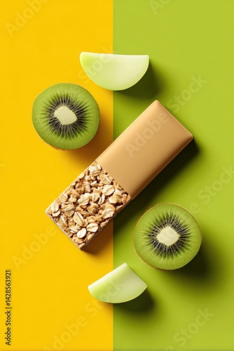 Obraz na płótnie Healthy Snack with Granola Bar and Fresh Kiwi Slices on Colorful Background w salonie