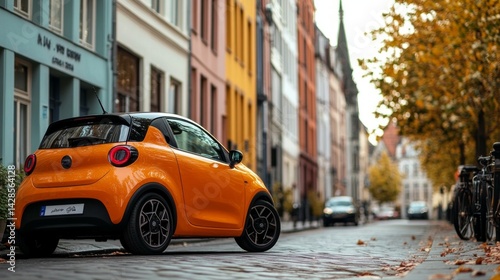 Bright orange electric car on a cozy street of a European city. Car advertisement, eco-friendly transportation, city life.