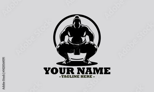 illustration of a robust sumo wrestler in a traditional crouching stance within a circular frame. sumo sport concept, Japanese sumo wrestling vector illustration and logo sumo vector design