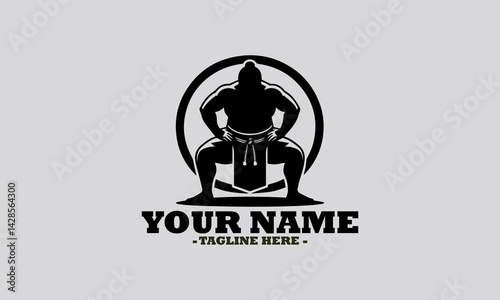 illustration of a robust sumo wrestler in a traditional crouching stance within a circular frame. sumo sport concept, Japanese sumo wrestling vector illustration and logo sumo vector design