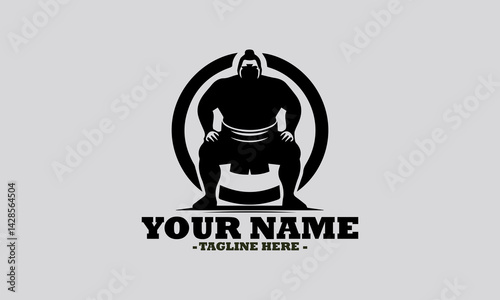 illustration of a robust sumo wrestler in a traditional crouching stance within a circular frame. sumo sport concept, Japanese sumo wrestling vector illustration and logo sumo vector design
