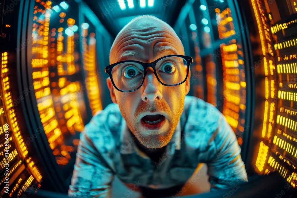 Idea of it. Deepfake creator looks terribly scared at the led panel, in dark data center. Expert caucasian adult man in laid-back, analytics reflections in his glasses. Man analyzing data. Idea of it. Deepfake creator looks terribly scared at the led panel, in dark data center. Expert caucasian adult man in laid-back, analytics reflections in his glasses. Man analyzing data.