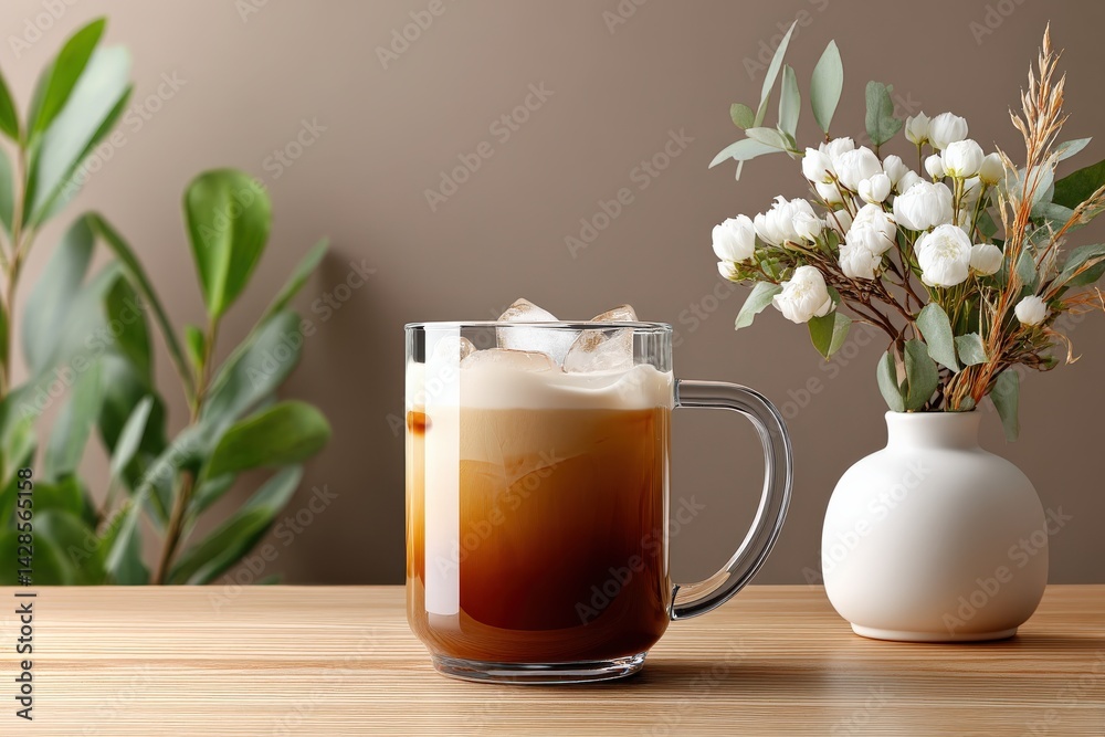 Iced Coffee in Clear Glass Mug with Flowers and Greenery Background
