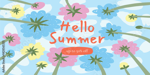 Colorful Summer Flowers viewed from below against sky with Hello Summer text and discount banner. Vector flat floral sale background.