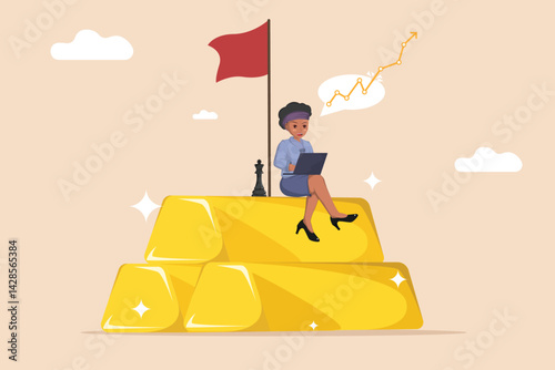 Businesswoman Analyzing Growth Strategy While Sitting on Gold Bars with Flag of Success.
