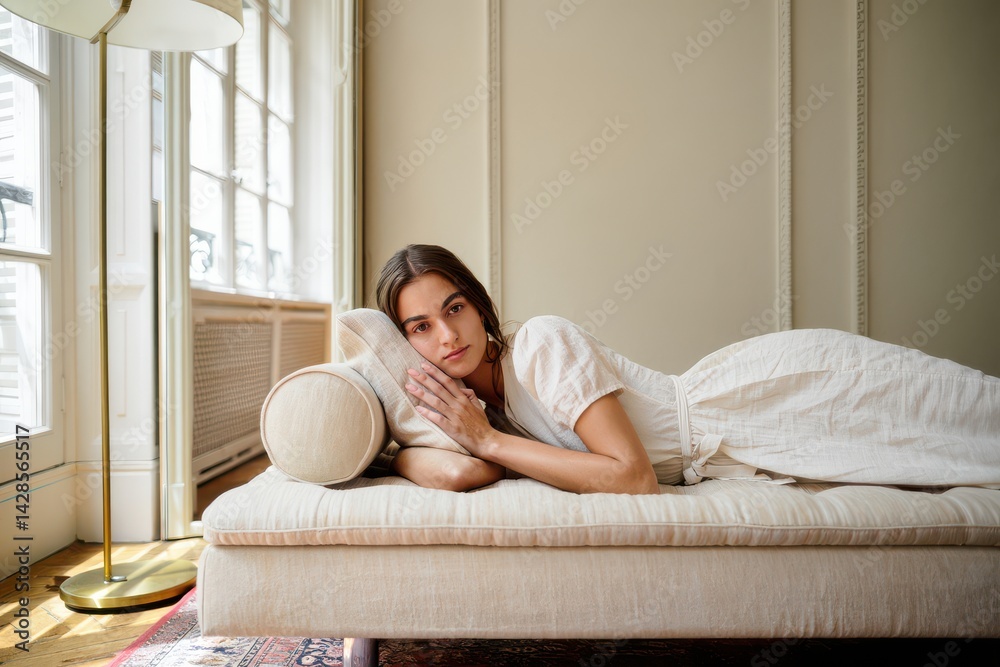 Beautiful young woman lying on sofa bed in Parisian apartment