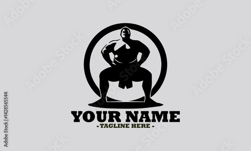 illustration of a robust sumo wrestler in a traditional crouching stance within a circular frame. sumo sport concept, Japanese sumo wrestling vector illustration and logo sumo vector design