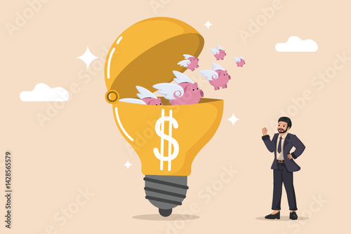 Innovative Financial Growth Flying Piggy Banks Emerging from a Bright Idea Lightbulb Representing Creative Savings Solutions.