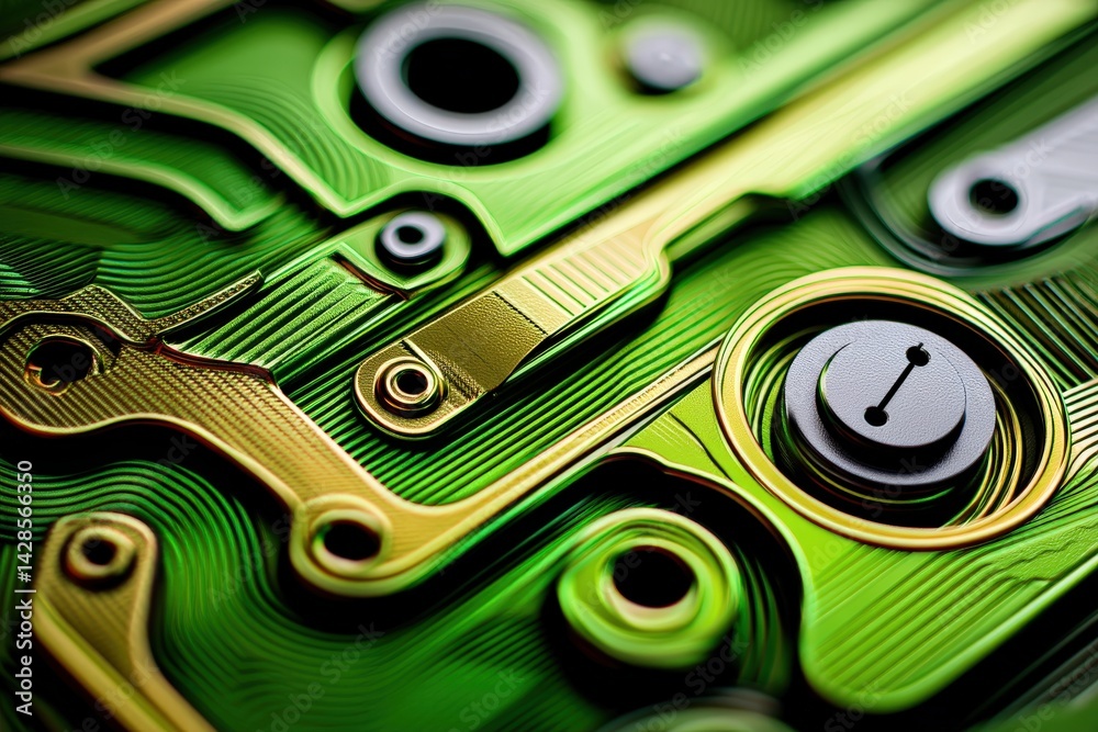 Intricate Green Circuit Design with Metallic Highlights and Details