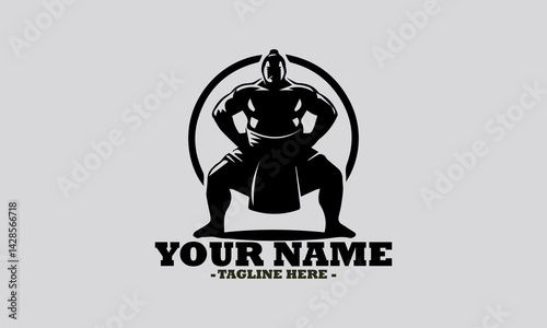 illustration of a robust sumo wrestler in a traditional crouching stance within a circular frame. sumo sport concept, Japanese sumo wrestling vector illustration and logo sumo vector design
