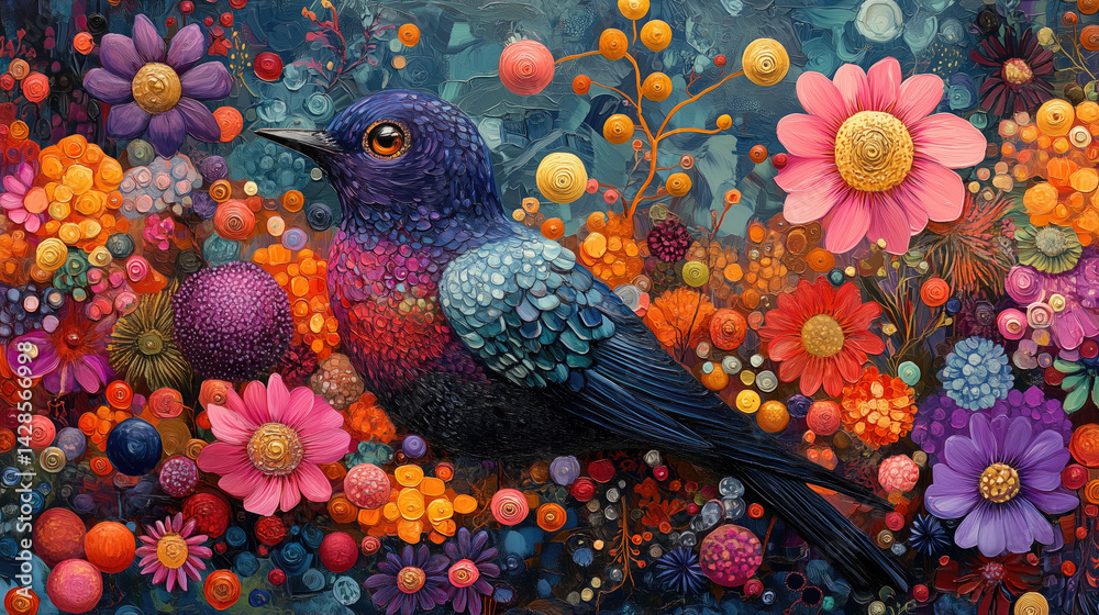 Colorful bird among vibrant flowers in a stunning artistic composition