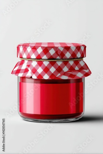 Jar of Red Jam with Red and White Checkered Lid on Light Background