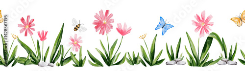 Seamless floral and butterfly border pattern with watercolor wildflowers and leaves for decorative textile and spring design