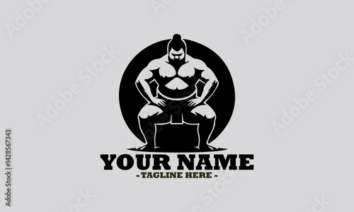 illustration of a robust sumo wrestler in a traditional crouching stance within a circular frame. sumo sport concept, Japanese sumo wrestling vector illustration and logo sumo vector design