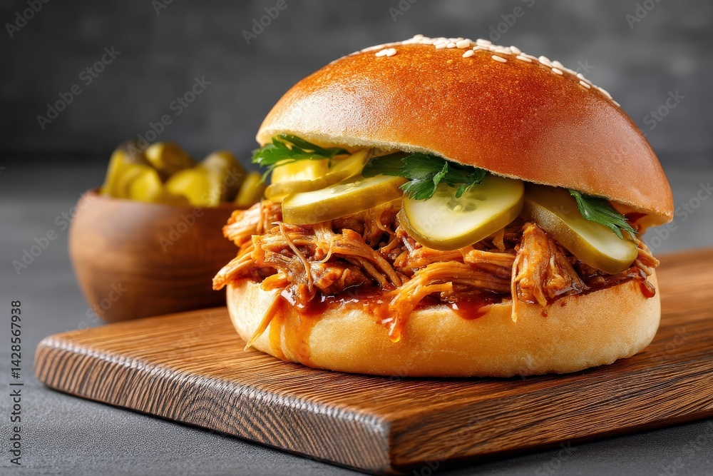 Juicy Pulled Pork Sandwich with Pickles on a Wooden Serve Board