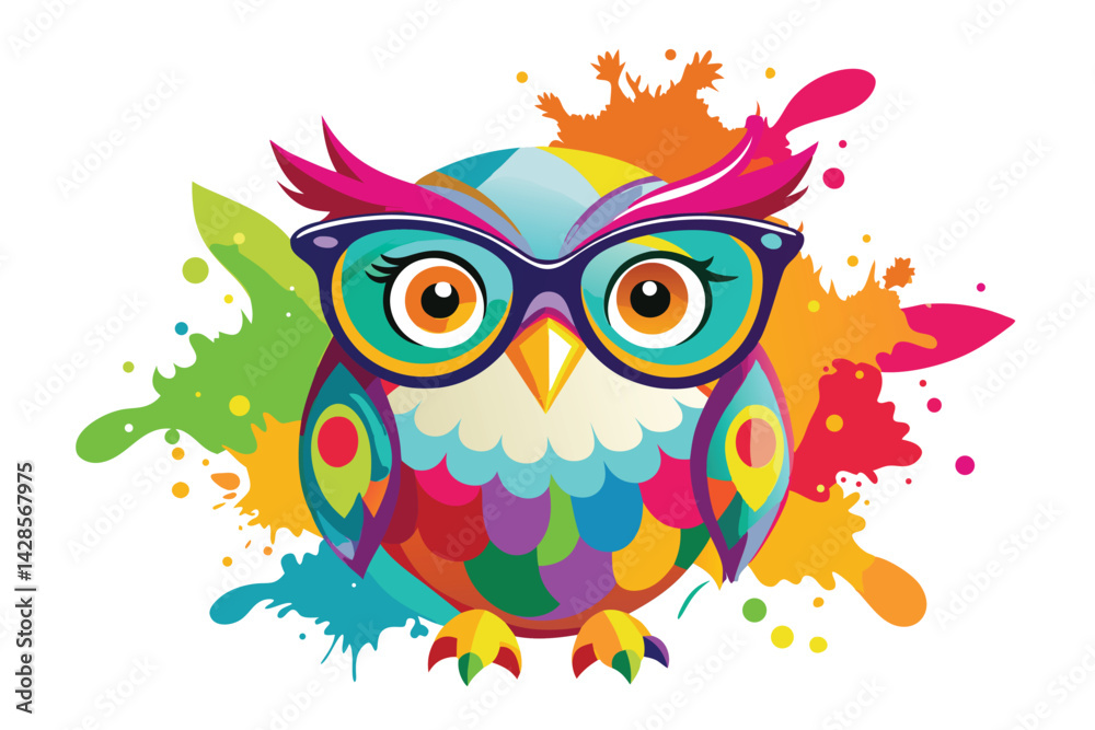 Naklejka premium Colorful artistic owl in eyeglasses with colorful paint splatters on white background.