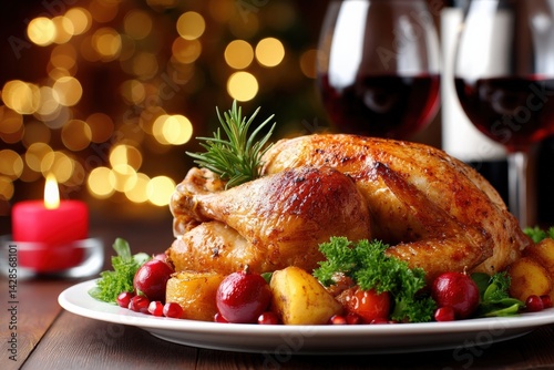 Obraz na płótnie Juicy Roast Turkey with Garnish Against a Festive Background w salonie