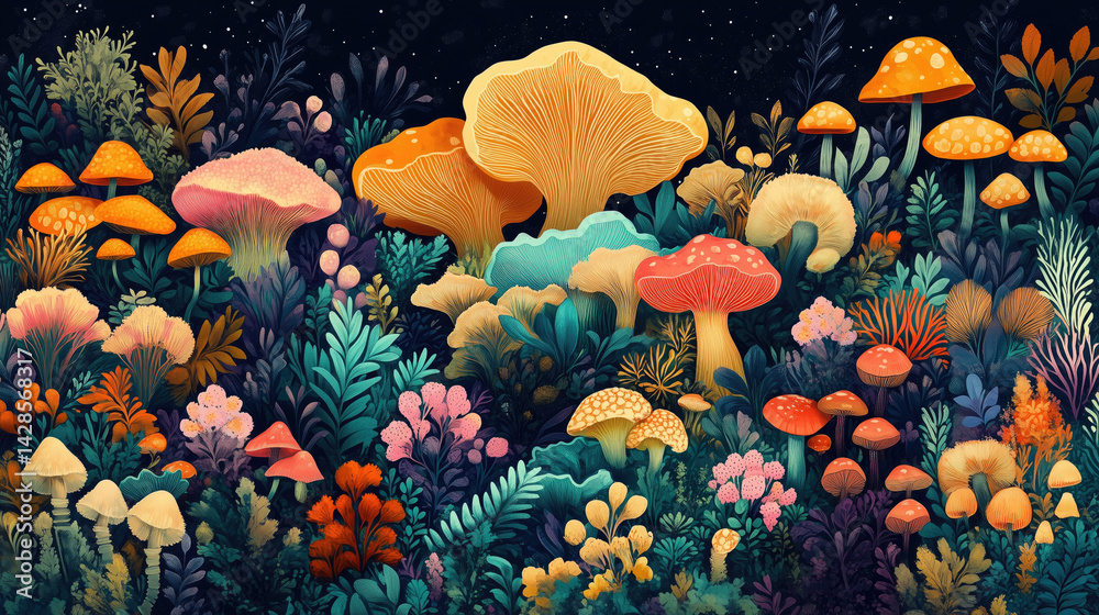 Colorful mushrooms in a vibrant forest landscape