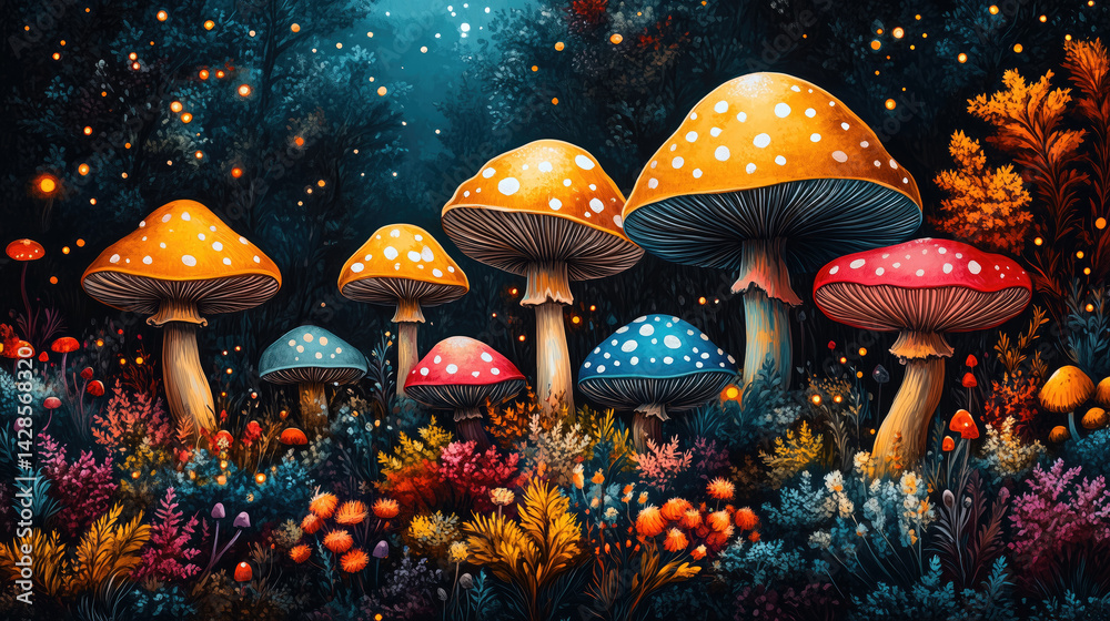 Colorful mushrooms in a vibrant forest landscape