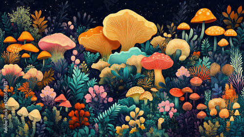 Colorful mushrooms in a vibrant forest landscape