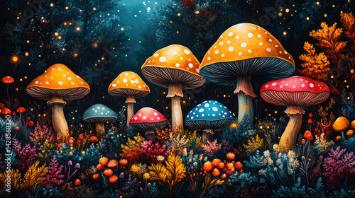 Obraz na płótnie Colorful mushrooms in a vibrant forest landscape w salonie