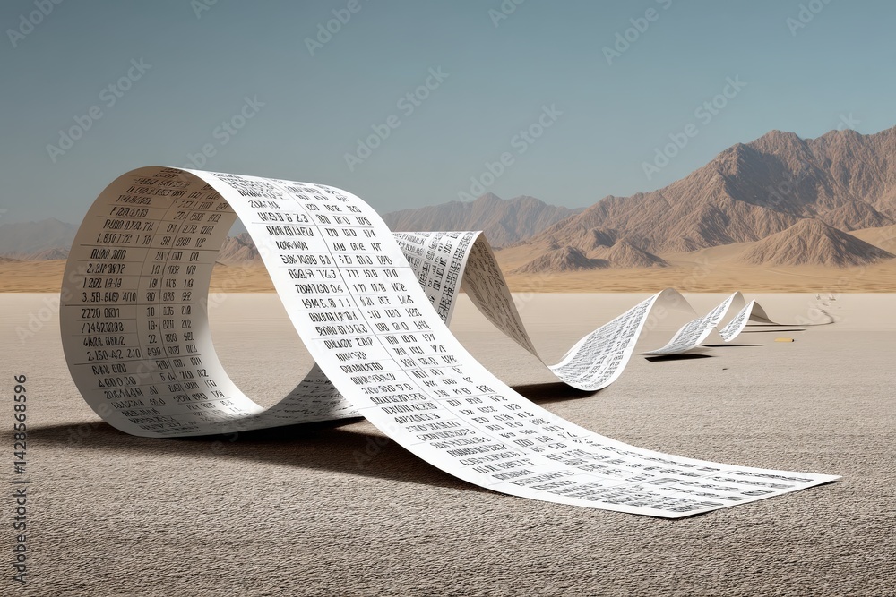Long Paper Receipt Rolling Across Desert Landscape with Mountains