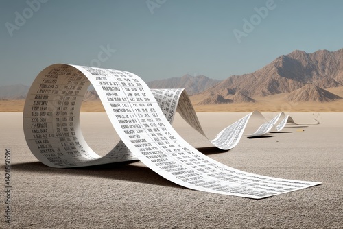 Obraz na płótnie Long Paper Receipt Rolling Across Desert Landscape with Mountains w salonie