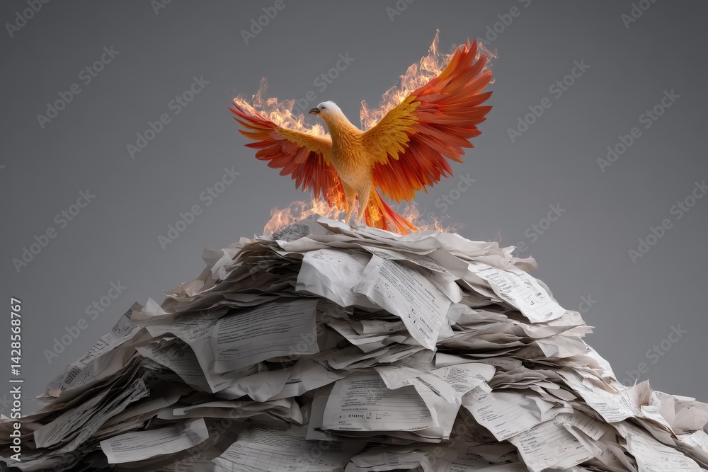 Majestic Phoenix Rising from Ashes Above Pile of Burnt Papers
