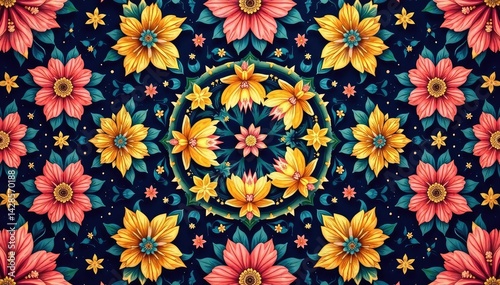 Intricate floral pattern within a repeating hexagonal grid , floral geometry, colorful, modern