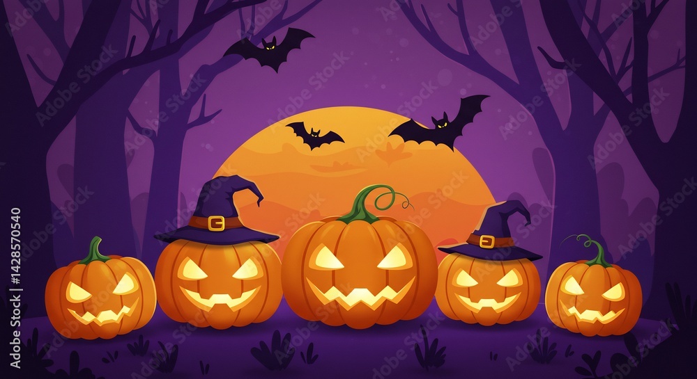 Smiling Pumpkins with Witch Hats in Spooky Forest at Night Smiling Pumpkins with Witch Hats in Spooky Forest at Night
