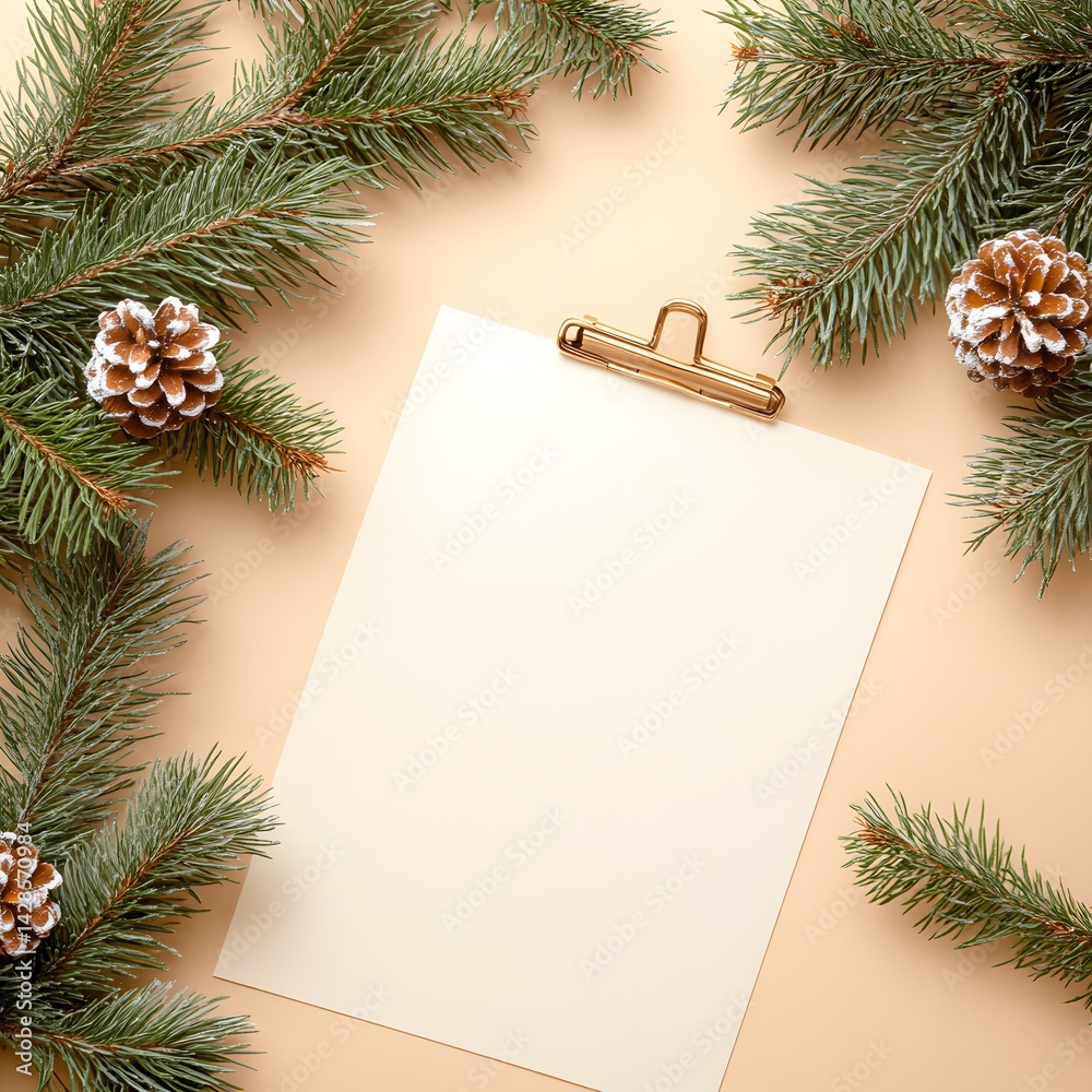 Blank Christmas Note Paper Mockup with Pine Branches and Pinecones Blank Christmas Note Paper Mockup with Pine Branches and Pinecones