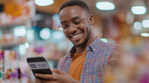 A person smiling while scanning a barcode for VAT exemption at checkout. photo