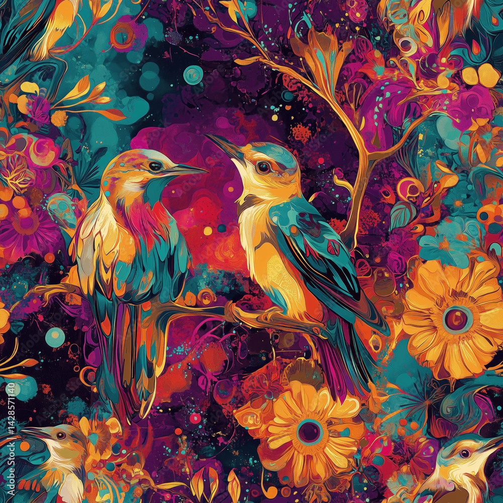 Colorful birds surrounded by vibrant flowers and foliage in a lush natural setting