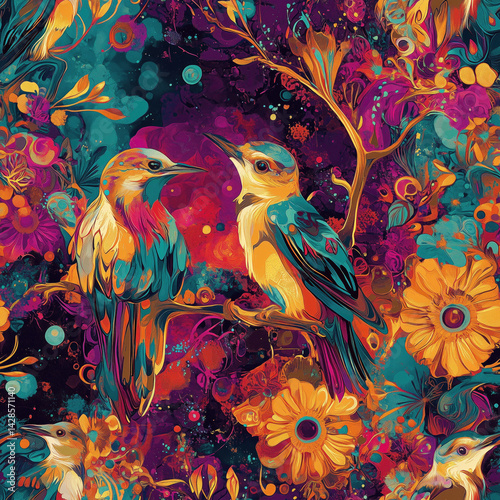 Obraz na płótnie Colorful birds surrounded by vibrant flowers and foliage in a lush natural setting w salonie