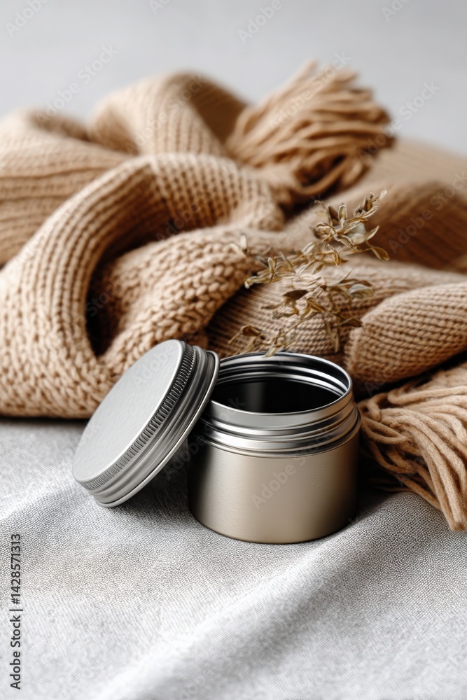 Metallic Jar with Lid on a Cozy Knit Scarf and Soft Background