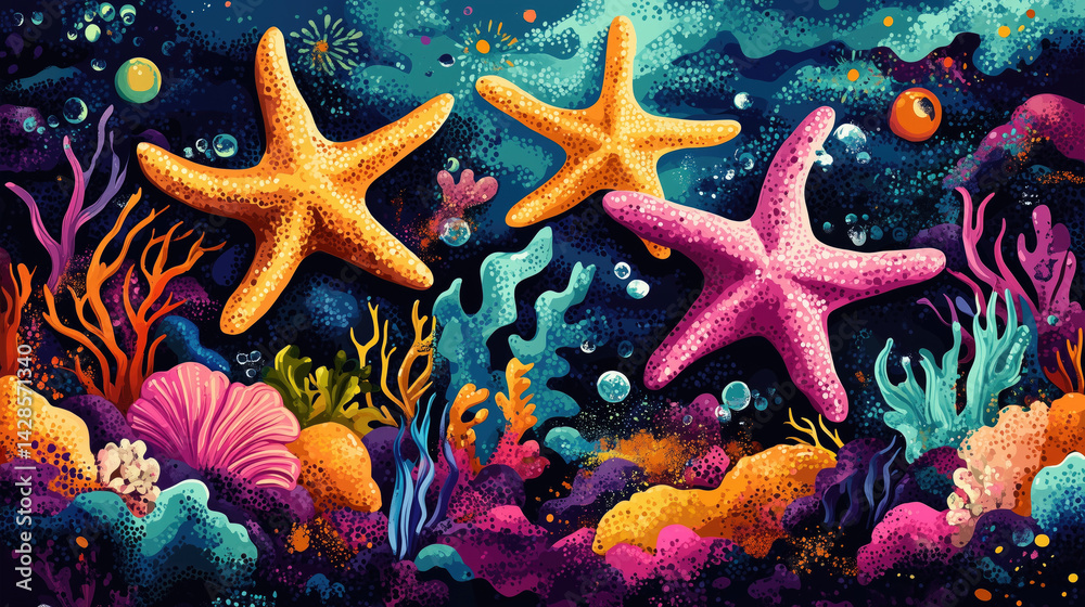 marine life with starfish in a vibrant underwater landscape