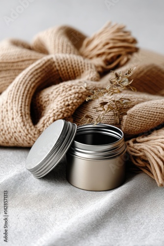 Obraz na płótnie Metallic Jar with Lid on a Cozy Knit Scarf and Soft Background w salonie