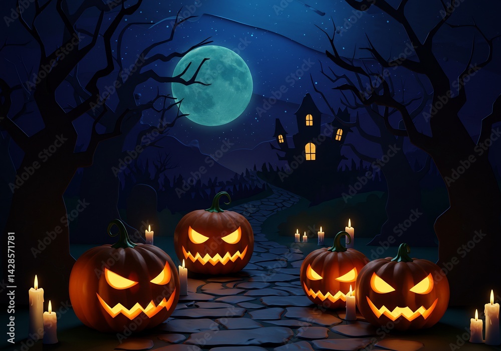 Spooky Halloween Night Path with Jack-o'-Lanterns Spooky Halloween Night Path with Jack-o'-Lanterns