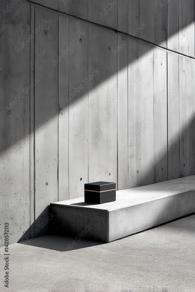 Minimalist Black Box on Concrete Shelf with Dramatic Light Play