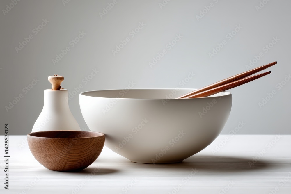 Minimalist Kitchen Setup with Bowl, Chopsticks, and Sauce Container