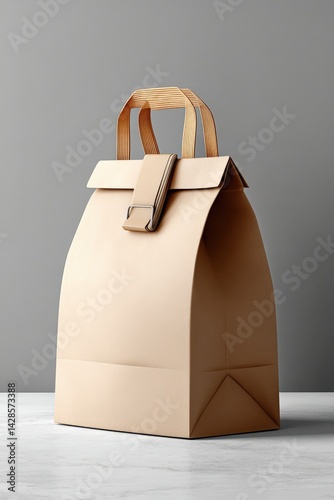Minimalist Paper Bag with Wooden Handles on Gray Background