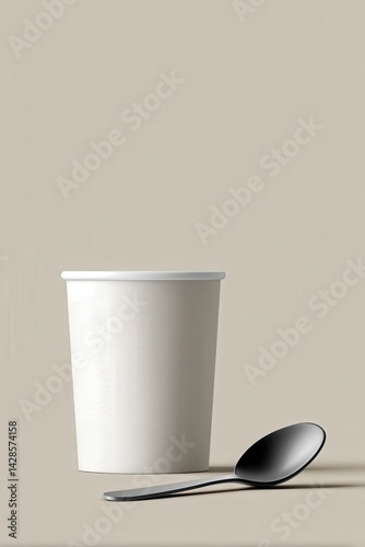 Minimalist White Cup with Black Spoon on Neutral Background