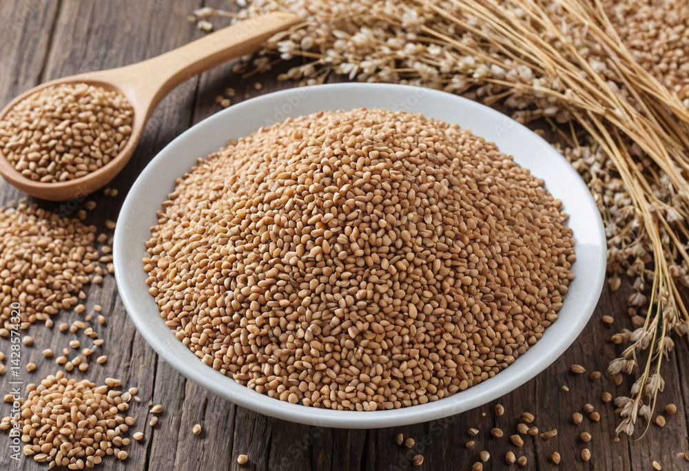 A bowl filled with grains of wheat on a rustic wooden surface, next to a wooden spoon, symbolizing the harvest and the ingredients of healthy food.
