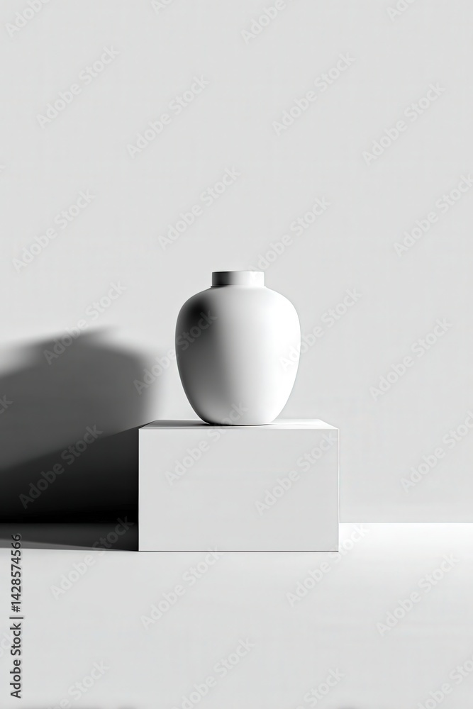 Minimalist White Vase on Square Pedestal with Soft Shadow Play
