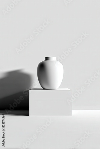 Obraz na płótnie Minimalist White Vase on Square Pedestal with Soft Shadow Play w salonie
